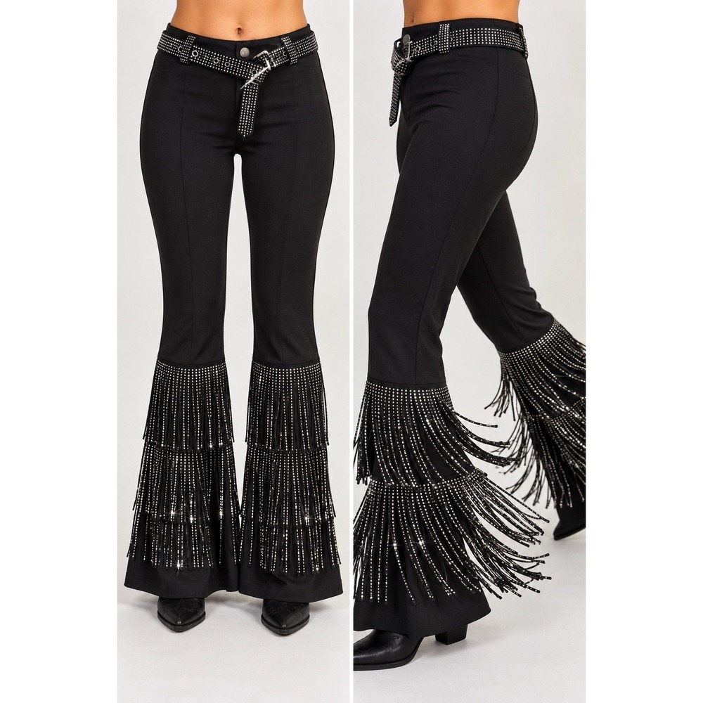 Nylon Apparel Black Pants Size S Rhinestone Fringe Bell Bottom Western Cowgirl